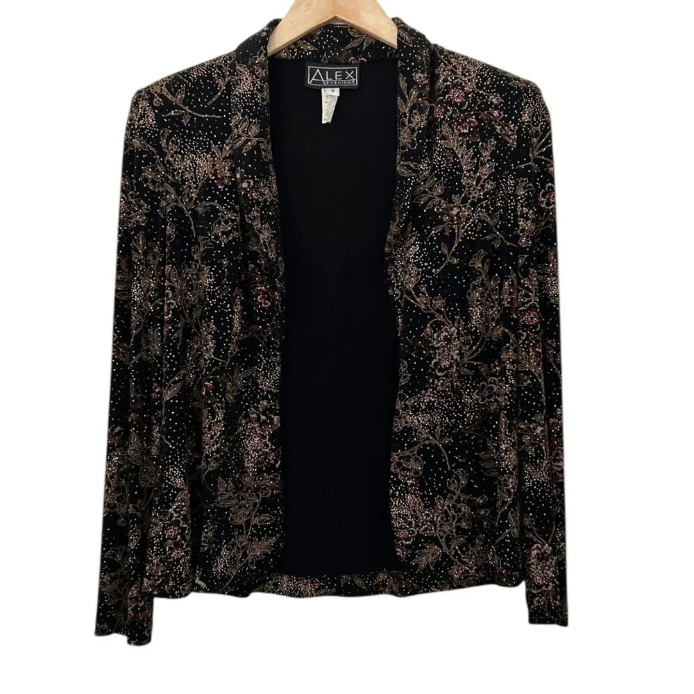 Alex Evenings Vintage Metallic Glitter Floral Design Open Front Jacket (S)